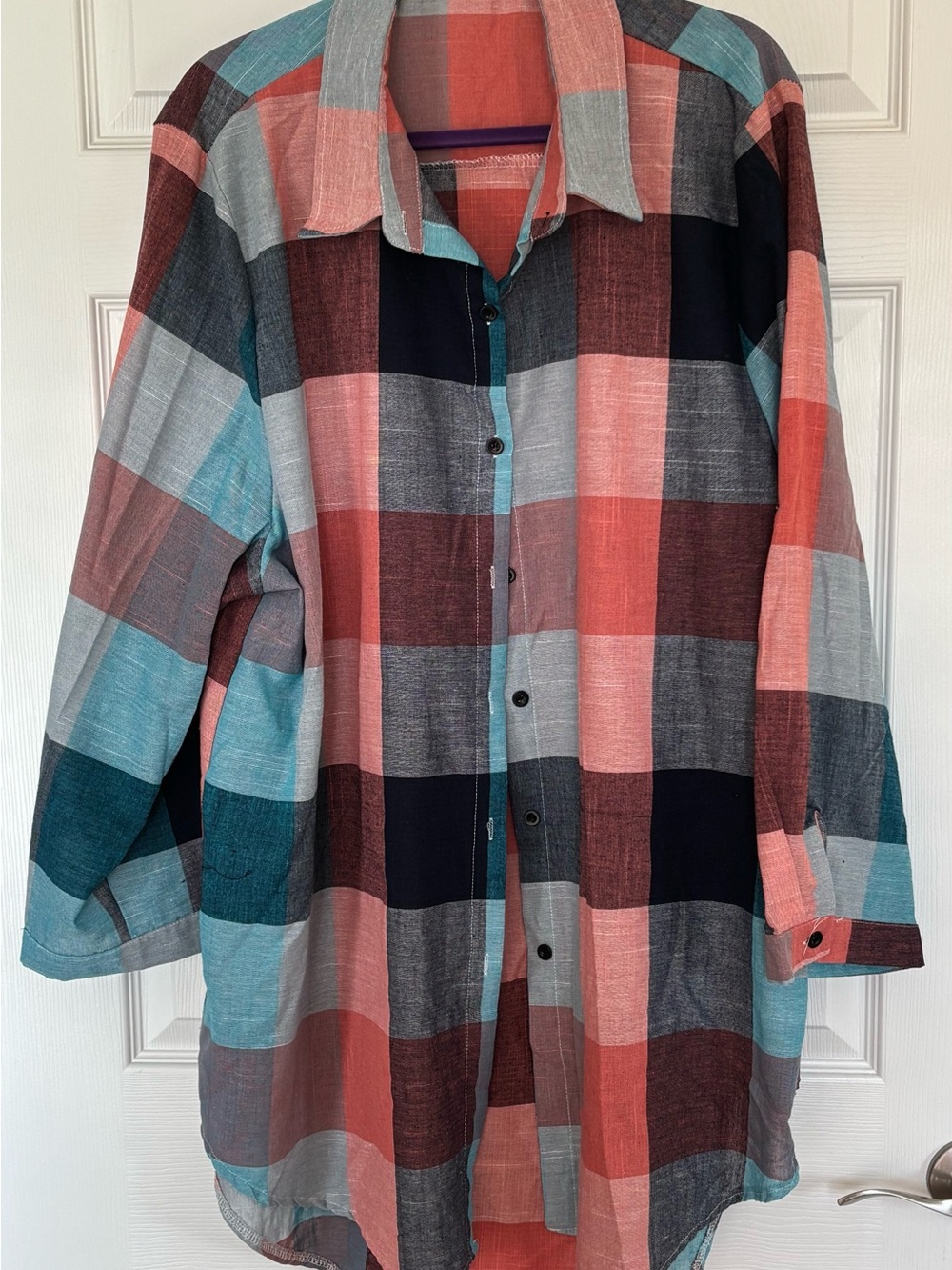 Women’s Plaid Button-Down Shirt in Coral, Teal & Navy